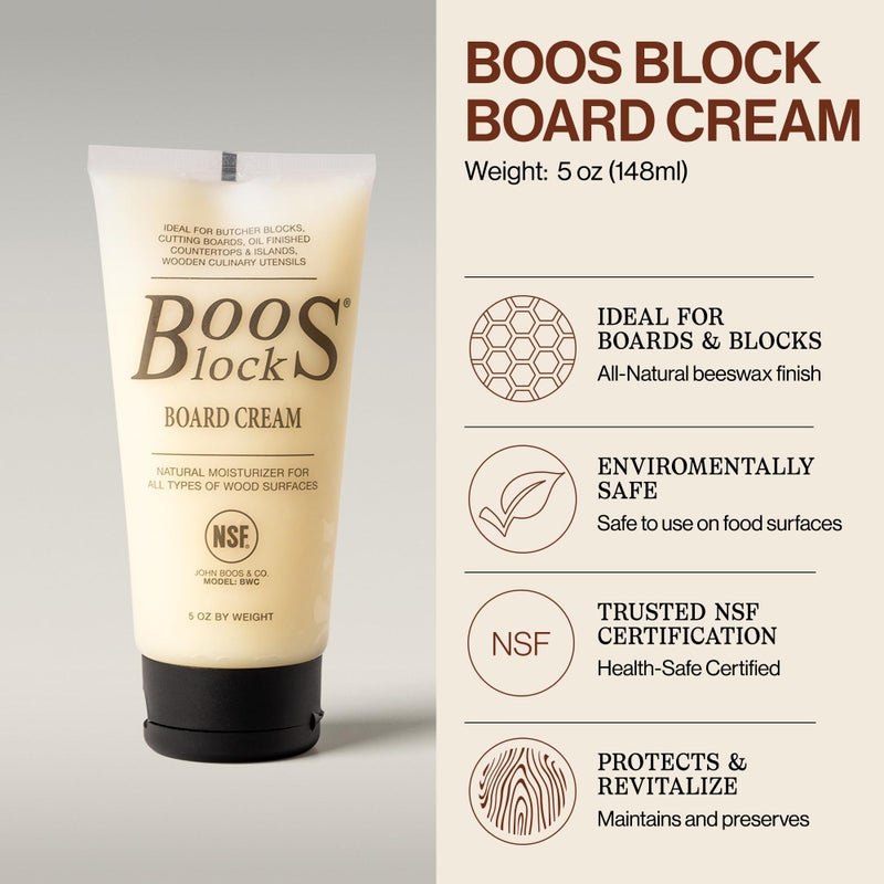 John Boos 3-Piece All-Natural Care & Maintenance Set - 16 oz Mystery Oil, 5 oz Board Cream & Round Applicator for Butcher Blocks, Cutting Boards, Wood Countertops, and Wooden Utensils - Image 4
